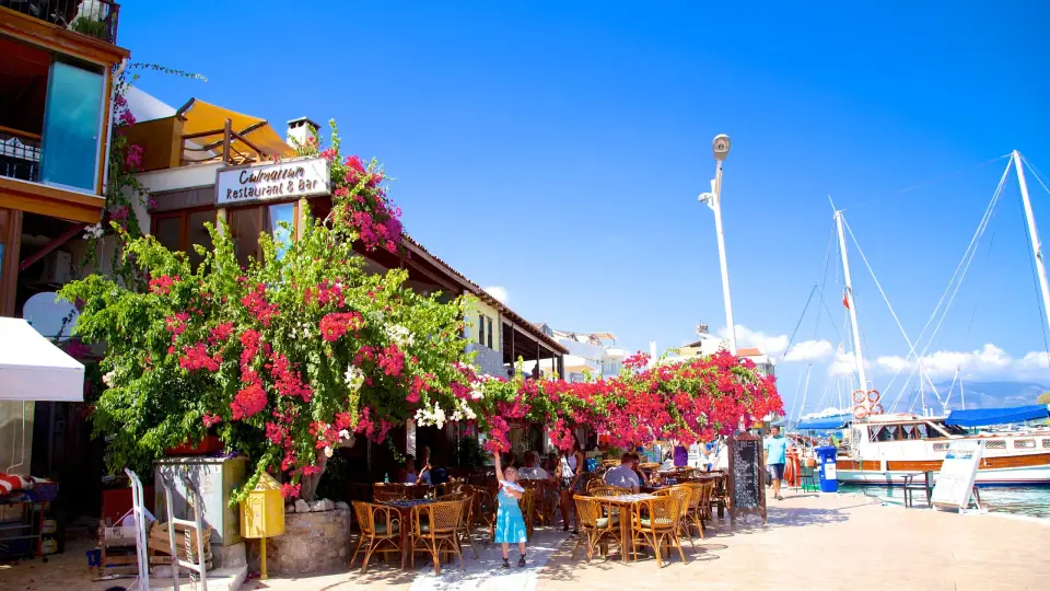Harbourside cafés in Datça dressed with bougainvillea and flowers, with yachts behind