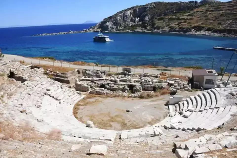 View across the seating of the Knidos theatre towards the sea and the cape
